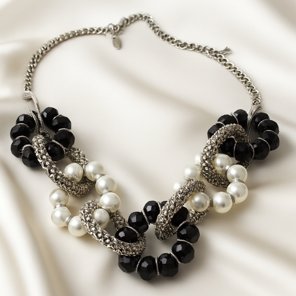Women Silver Braided Statement Necklace w/ Pearl Cluster & Black Faceted 20" C1